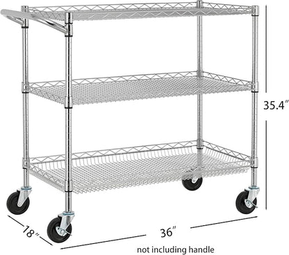 Finnhomy 3 Tier Heavy Duty Commercial Grade Utility Cart, Wire Rolling Cart with Pushing Handle Bar, Steel Metal Kitchen Service Trolly with Wheels, Shelf Size 18" D x 36" W, NSF, Chrome