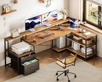 ODK 75" L Shaped Desk with File Drawers, Work from Home Office Desk with Power Outlet, Reversible Computer Desk with Storage Shelves, Gaming Desk with Monitor Shelf, Corner WFM Table, Vintage