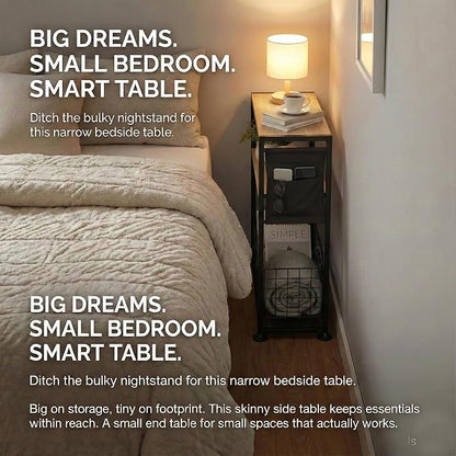Skinny Side Table with Storage, 3 Tier Slim Side Tables for Small Spaces, Skinny End Table Narrow Bedside Table Narrow Side Table for Living Room, Bedroom