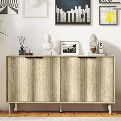 Fluted Cabinet with Storage, Buffet Sideborad with 4 Doors, Kitchen Buffet Storage Accent Cabinet with Adjustable Shelves for Living Room, Entry, Hallway, Natural