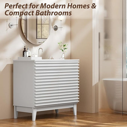 APRILSOUL 36" Bathroom Vanity with Ceramic Sink, Mid-Century Bathroom Vanity Cabinet with 2 Soft Closing Doors, Freestanding Bathroom Cabinet, Particleboard Frame with Wood Grain Laminate, White