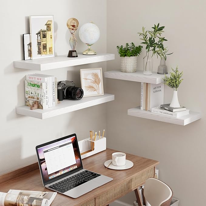 Fun Memories 32" W x 9.3" D Floating Shelves in White, Rustic Wood Deep Shelves for Bedroom, Kitchen, Living Room, Long Floating Shelf for Wall, Storage Display Wall Shelf for Books Decor