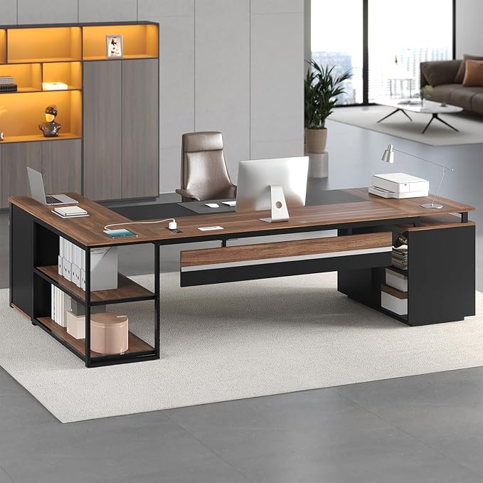 78" Executive Desk with Lockable File Cabinet, L Shaped Office Desk with Power Outlets, Large Executive Desk with Drawers and Storage Shelves , Reversible Computer Desk with Privacy Screen, Walnut