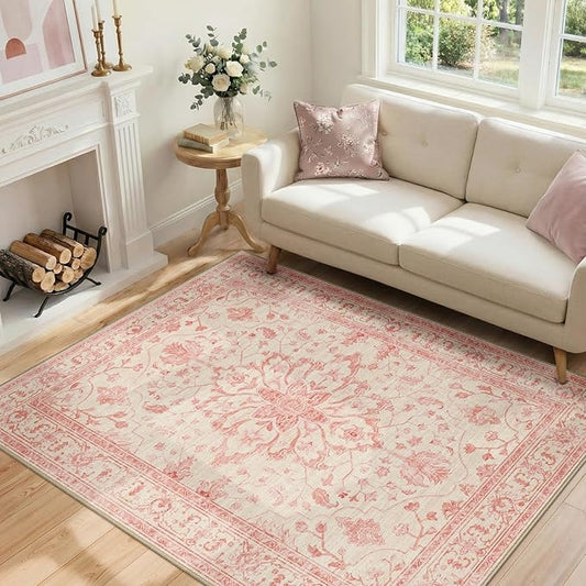 RELEANY Area Rugs 4'x6' Washable Non-Slip, Floral Vintage Distress Medallion Carpet for Living Room Bedroom Dining Room, Pink Light Vintage Pink