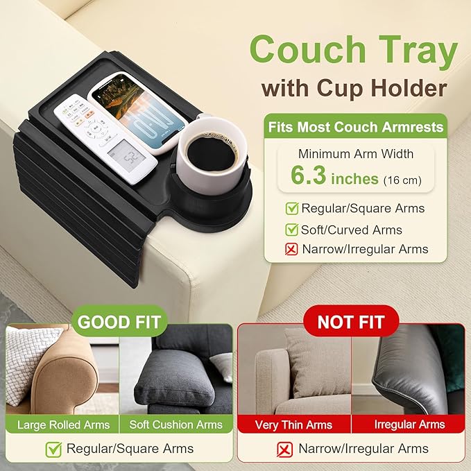 Couch Cup Holder Tray - 3 in 1 Sofa Arm Tray with 360° Rotating Cup Holder & Phone Stand,Fits Various Couches Arm Widths - Anti-Slip Foldable Couch Arm Tray for Snacks, Cellphone Remote