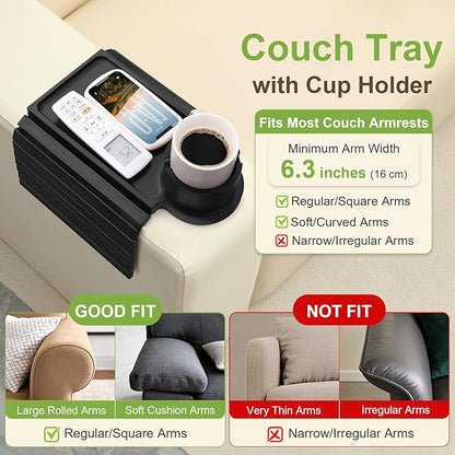 Couch Cup Holder Tray - 3 in 1 Sofa Arm Tray with 360° Rotating Cup Holder & Phone Stand,Fits Various Couches Arm Widths - Anti-Slip Foldable Couch Arm Tray for Snacks, Cellphone Remote