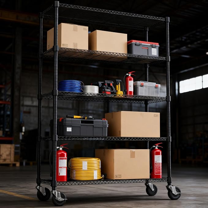 M MZG 1750LBS 47.2" W 5 Tiers Storage Shelves Metal Shelving Unit with Wheels Heavy Duty Garage Shelving Adjustable Wire Shelves for Pantry,Kitchen,Garage,Basement,Black 17.7" D x 47.2" W x 76.8" H