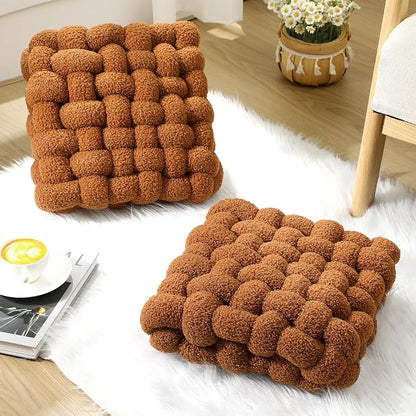 Wenqik 2 Pcs Knot Pillows Square Knotted Plush Throws Soft Accent Pillows Decoration Cushion for Couch Home Office Living Room Bedroom Bed Sofa Decor, 12'' x 13''(Caramel,Lambswool)