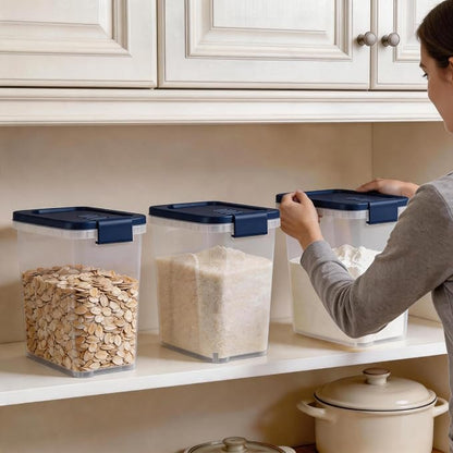 Tight-Lock Rice Container 10-15 Lbs - Airtight Flour Container with Scoop - Plastic Food Storage Container for Cereal, Sugar - Dry Food Dispenser for Kitchen, Pantry Organizers and Storage - Dark Blue