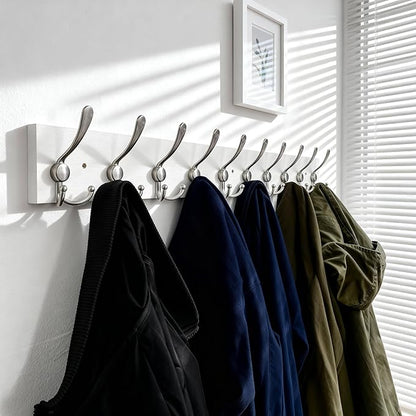 SKOLOO Creations White Solid Wood Wall Mounted Coat Rack, 10 Hooks, 38-1/8" Long - Kitchen, Mudroom, Entryway, Bathroom - Includes Mounting Hardware, Wall Coat Hanger, Towel Rack