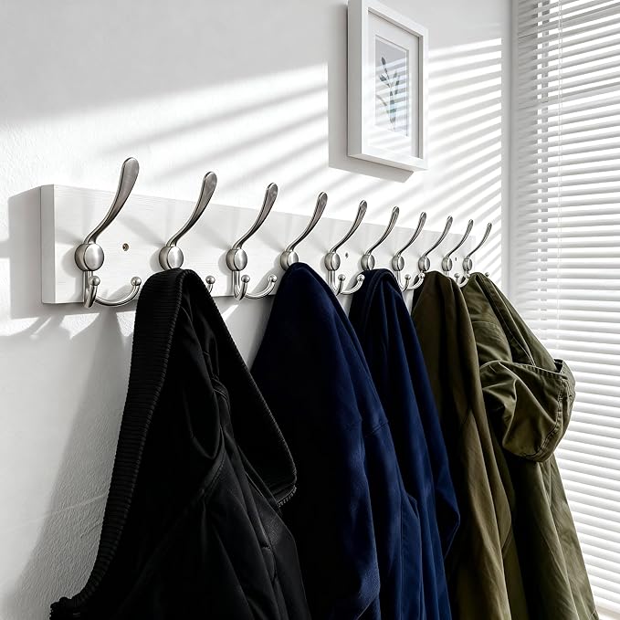 SKOLOO Creations White Solid Wood Wall Mounted Coat Rack, 10 Hooks, 38-1/8" Long - Kitchen, Mudroom, Entryway, Bathroom - Includes Mounting Hardware, Wall Coat Hanger, Towel Rack, Pack of 2