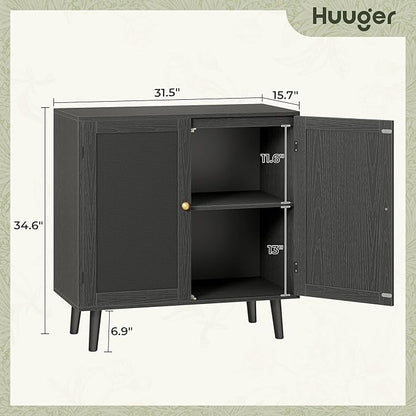 Huuger Buffet Cabinet with Storage, Storage Cabinet with PE Rattan Decor Doors, Accent Sideboard Buffet with Solid Wood Feet, for Hallway, Entry, Living Room, All Black