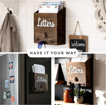 eBun Narrow Wood Mail Holder | Wall Mount, No-Drill Magnetic, Vertical Letter Slot, Entryway Decor