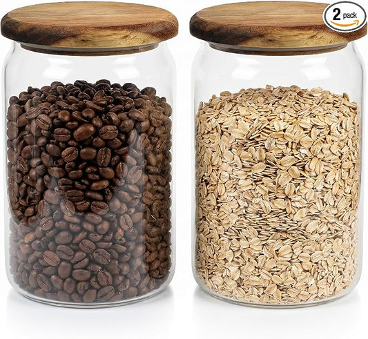 2-Pack 67 fl oz Large Wide Mouth Mason Jars with Spoon & Labels, Acacia Wood Lids & Press Seal, No Plastic, for Coffee Beans, Ground Coffee, Spice & Dry Food Storage, Pantry Organization.