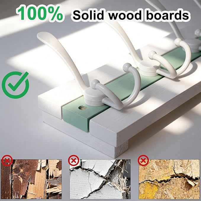 SKOLOO Coastal Coat Rack Wall Mount-38-1/8 Beach House Entryway Wooden Coat Hook with 10 Hooks for Hanging Coats, Hats or Towels, Oceanfront Cottage Core Collection, White & Green, Pack of 2
