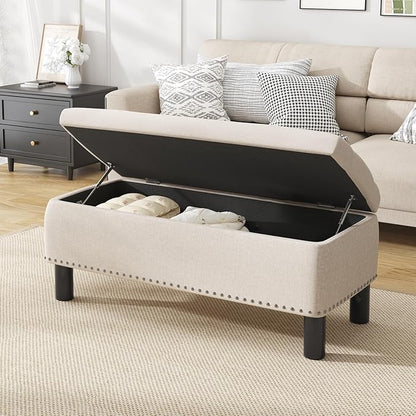 Furniliving Large Storage Ottoman, Beige, Wood Frame, Linen Fabric, 285 Lbs Capacity
