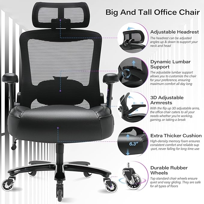 600lbs Big and Tall Office Chair- Heavy Duty Executive Computer Chair with 3D Flip Arms Large Wheels, Ergonomic Mesh High Back Desk Chair, Extra Wide Seat Adjustable Lumbar Support&Headrest