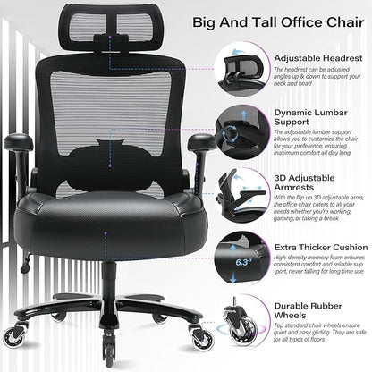 600lbs Big and Tall Office Chair- Heavy Duty Executive Computer Chair with 3D Flip Arms Large Wheels, Ergonomic Mesh High Back Desk Chair, Extra Wide Seat Adjustable Lumbar Support&Headrest