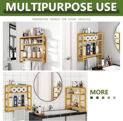 Galood Over The Toilet Storage Bathroom Shelves Wall Mounted 3 Tier Space Saver Corner Shelf Organizer Bamboo Towel Rack Toilet Paper Cabinet with Hanging Rod Yellow