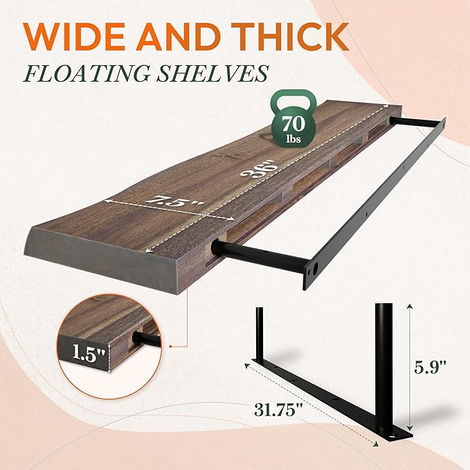 Howizz 36" Acacia Live Edge Floating Shelves Set of 2 - Wall Mounted Wooden Shelf for Stylish Home Décor - Dark Walnut Color 36x7.5x1.5 Inches