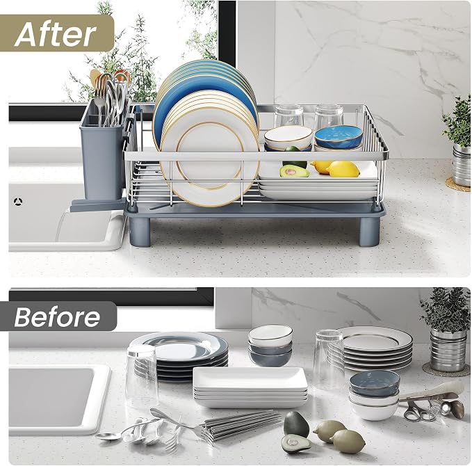SNTD Dish Drying Rack - Small Dish Rack for Kitchen Counter, Stainless Steel Dish Drainer with Utensil Holder and Drainboard, 11" W x 15" L (Silver)