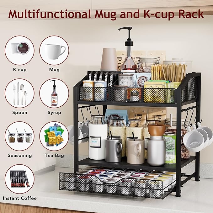 Homsorout Coffee Bar Organizer - Countertop Coffee Station, 42 K Cup holder Storage Basket with Drawer and Hooks for Syrup, Cups, Stirrer, Condiment, Tea Organizer, Black