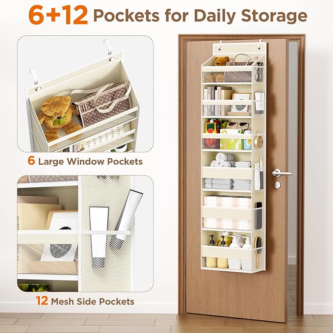 Mefirt 6 Tiers Over The Door Organizer, Heavy Duty Hanging Organizer Storage with Large Capacity Pockets, Behind Door Storage Hanging Shelves for Closet Wall Bathroom Bedroom Nursery Pantry, 1 Beige