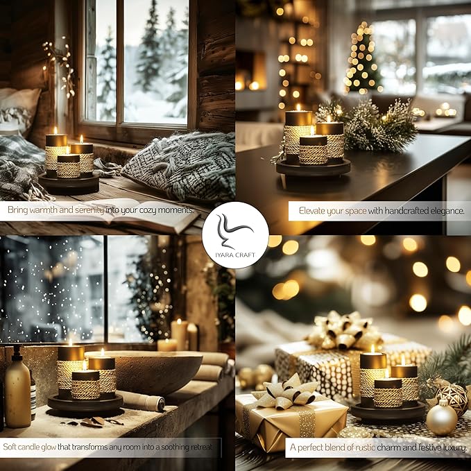 IYARA CRAFT Tealight Candle Holders with Tray – Set of 3 Rustic Black Wooden Candle Holders with Natural Rope Accent, Cozy Centerpiece for Romantic Dinner Table Decor, Anniversary & Housewarming Gifts