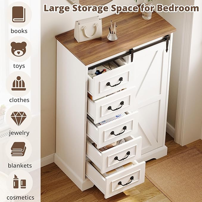 IRONCK 5 Drawers Dressers for Bedroom, Farmhouse Dresser Chest of Drawer with Sliding Barn Door,48” Tall Dresser Storage Organizer for Living Room, Entryway, White/Walnut