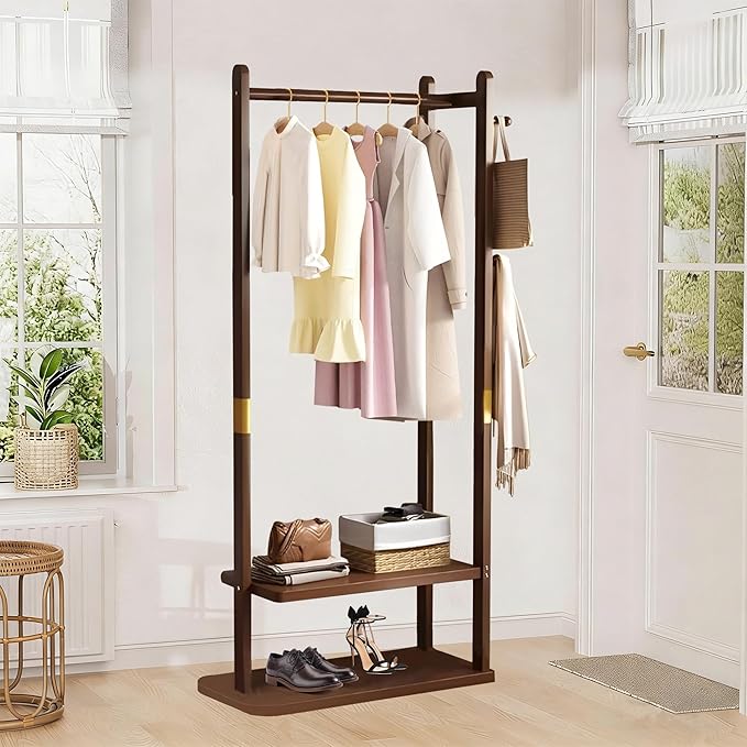 Freestanding Coat Rack with 2 Storage Shelves and 5 Hooks, Heavy Duty Wood Garment Rack for Bedroom, Hallway, Entryway (23.6x11.4x64.7 in)