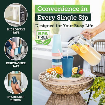 Grow Forward Premium Wheat Straw Cups - 20 oz Unbreakable BPA Free Hard Plastic Cups - Reusable Lightweight Plastic Drinking Glasses for Kitchen, Outdoor, Water, Camping, RV - Tropical