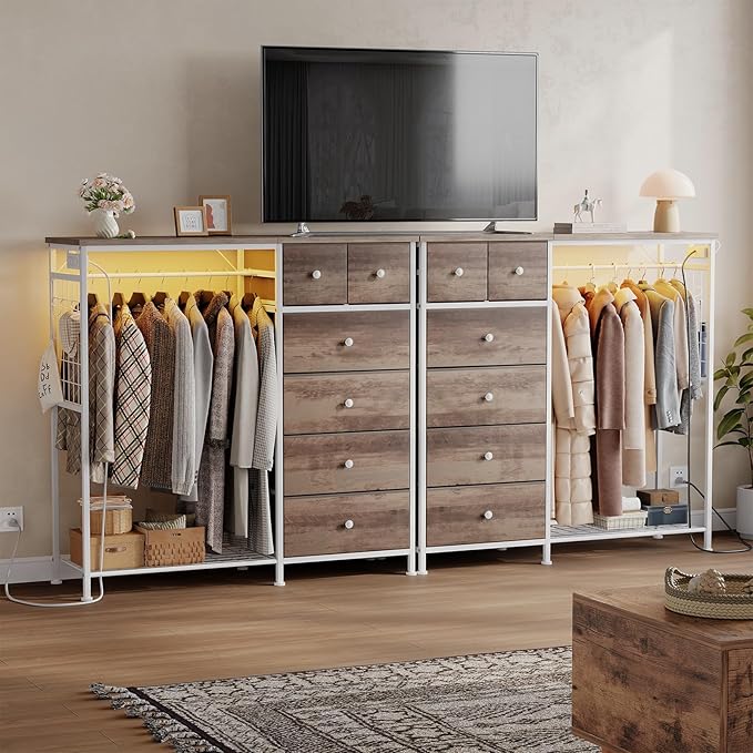 OLIXIS 6 Storage for Bedroom with Hanging Rack with LED Lights & Charging Station, Fabric Chest of Storage with Rack, Wooden Top, for Home Living Room Entryway Brown