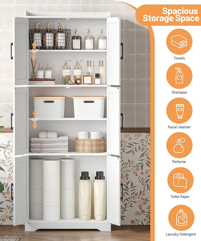 Akxomel Tall Bathroom Storage Cabinet, Bathroom Floor Cabinet with 6 Barn Doors, 11.6''D x 22.6''W x 60.2''H, Adjustable Shelves, Linen Pantry Cabinet, for Kitchen Living Room, Entryway, White