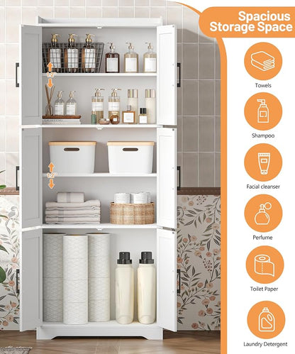 Akxomel Tall Bathroom Storage Cabinet, Bathroom Floor Cabinet with 6 Barn Doors, 11.6''D x 22.6''W x 60.2''H, Adjustable Shelves, Linen Pantry Cabinet, for Kitchen Living Room, Entryway, White