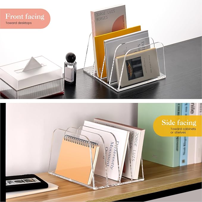 HeZone Desk File Organizer,4-Section Vertical Clear File Organizer File Holder Folder Holder Mail Sorter Acrylic Stand Rack,Office Organization for Home, Office & Classroom(1 Pack)
