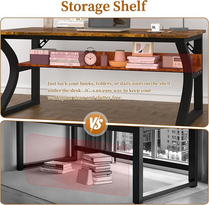 Computer Desk 47/55 Inch Home Office Desk with Storage Shelf & Cable Management, Wide Work Desk with Metal Legs for Home Office Study Bedroom (Brown-55inch)