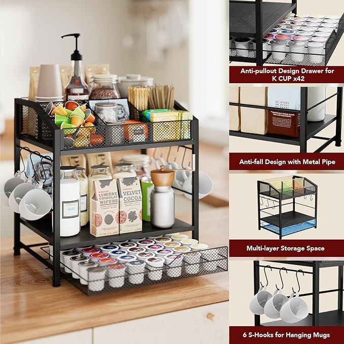 Homsorout Coffee Bar Organizer - Countertop Coffee Station, 42 K Cup holder Storage Basket with Drawer and Hooks for Syrup, Cups, Stirrer, Condiment, Tea Organizer, Black
