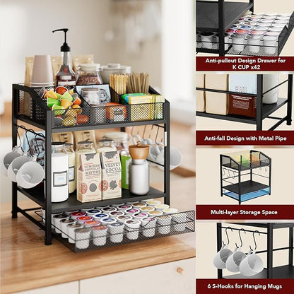 Homsorout Coffee Bar Organizer - Countertop Coffee Station, 42 K Cup holder Storage Basket with Drawer and Hooks for Syrup, Cups, Stirrer, Condiment, Tea Organizer, Black