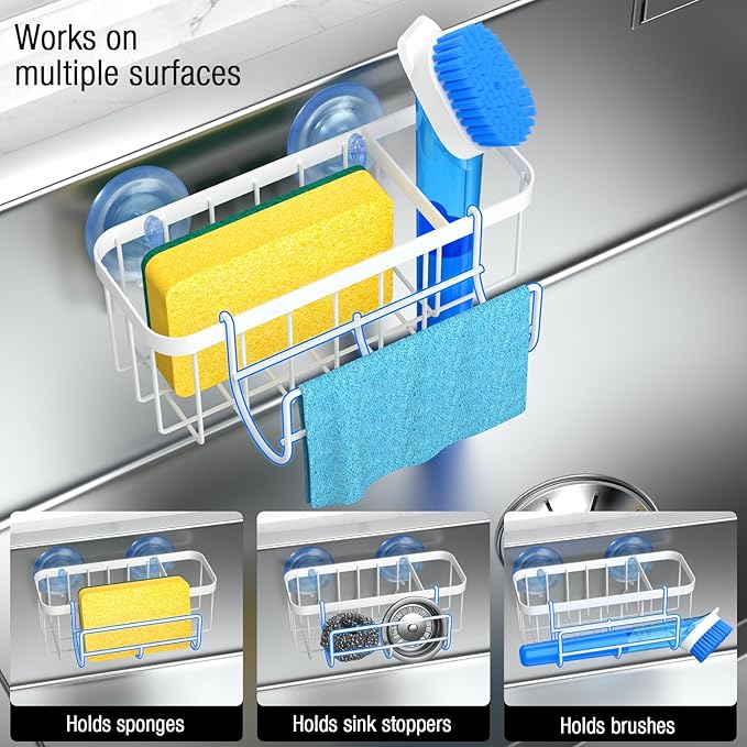HOKEMOM Kitchen Sink Caddy Organizer with Sponge Holder & Multifunctional Hooks - Dual Suction Cups (18.5lb Hold), 2.0mm Stainless Steel White Rust-Proof, Non-Slip, 7.09" x 4.33" x 2.76"