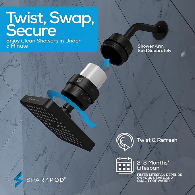 SparkPod 23-Stage Filtered Shower Head, 6" Square, Black Matte | Filtered Shower Head for Hard Water Filter, High Pressure, Reduces Chlorine, Heavy Metals, For Dry Skin & Hair