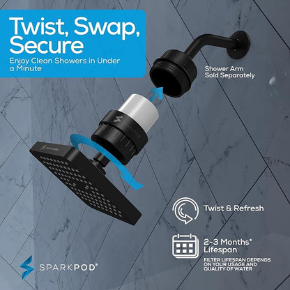 SparkPod 23-Stage Filtered Shower Head, 6" Square, Black Matte | Filtered Shower Head for Hard Water Filter, High Pressure, Reduces Chlorine, Heavy Metals, For Dry Skin & Hair