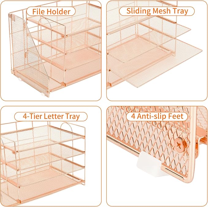 OPNICE Desk Organizer, 5-Tier Paper Organizer Letter Tray with Magazine Holder, Office Desk Accessories & Workspace Organizers, Desktop File Organizer for Office Supplies Storage, Rose Gold