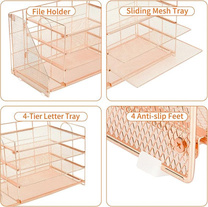 OPNICE Desk Organizer, 5-Tier Paper Organizer Letter Tray with Magazine Holder, Office Desk Accessories & Workspace Organizers, Desktop File Organizer for Office Supplies Storage, Rose Gold