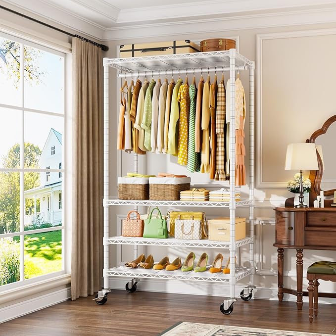 P9 Rolling Clothes Rack Heavy Duty, Clothing Racks for Hanging Clothes, 4 Tiers Garment Rack with Wheels, Metal Portable Closet Rack, 35.5" L X 15.8" W X 80.5" H, Max Load 445 LBS, White