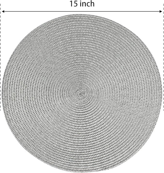 FunWheat Round Braided Placemats Set of 4 Table Mats for Dining Tables Woven Washable Non-Slip Place mats 15inch (Grey, 4pcs)