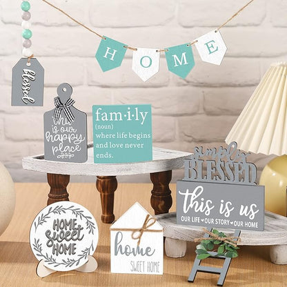 11 pcs Home Tiered Tray Decor This is us Rustic Farmhouse Tiered Tray Decorations Set Home Wooden Signs Vintage Farm Animal Farmhouse Tabletop Wood Signs for Kitchen Table Shelf Decor