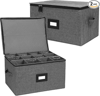 Wine Glass Storage Box with Dividers 2 Pack, Hard Top Stemware Storage Containers, Stackable Crystal Storage Containers for 24 Glassware Drinkware, with Handles for Moving/Home, 17"x13"x10" Black