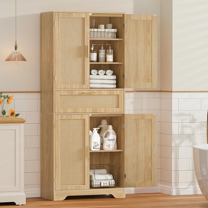 Iwell Tall Storage Cabinet with 2 Adjustable Shelves & Large Drawer, Rattan Cabinet with 4 Doors, Pantry Cabinets for Dining Room, Living Room, Home Office, Natural