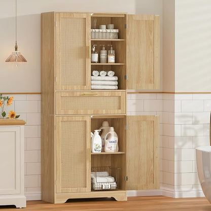 Iwell Tall Storage Cabinet with 2 Adjustable Shelves & Large Drawer, Rattan Cabinet with 4 Doors, Pantry Cabinets for Dining Room, Living Room, Home Office, Natural
