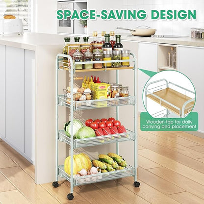 TOOLF 4-Tier Rolling Cart, Metal Utility Cart, Slide Out Storage Cart with Wooden Tabletop and Mesh Baskets for Narrow Space on Kitchen Bathroom Laundry Room Bedroom Apartments Dormitory (Green, Wide)